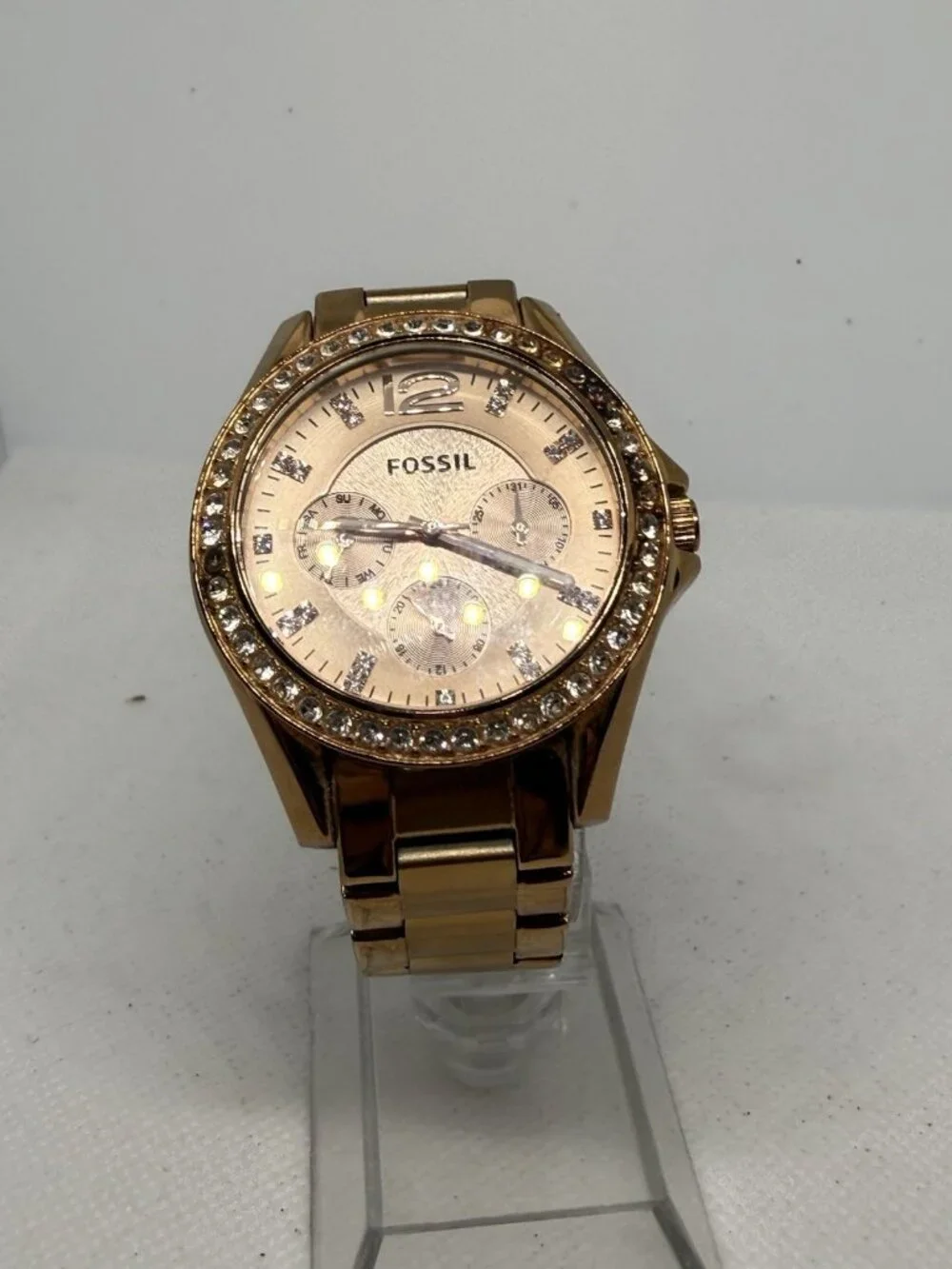 Fossil Riley ES2811 Womens Rose Gold-Tone Crystal Multifunction Watch 38mm